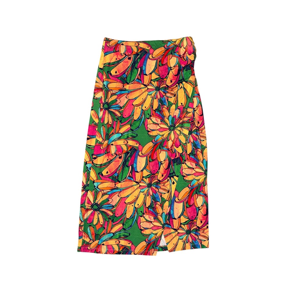 Farm Rio Skirt Women Size S Green Multi Color Banana Floral Midi Slit